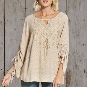 ARIAT Warrior Tunic Top Pull String Sleeves Beige Tori Print Boho